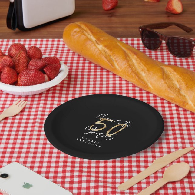 cheers to 50 years modern black and gold paper plate (Picnic)