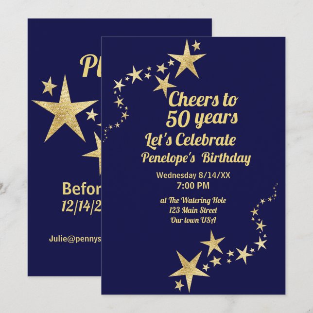 Cheers to 50 Years Navy and Gold Stars Birthday  Invitation (Front/Back)
