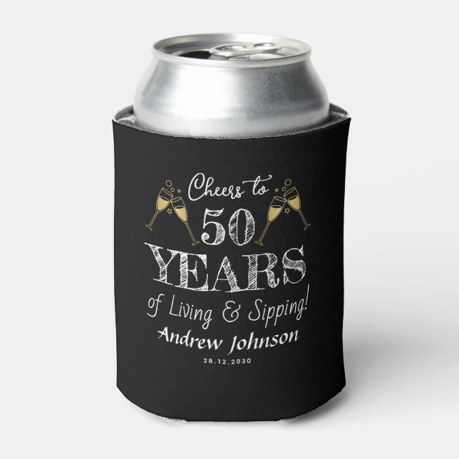 Cheers to 50 Years of Living & Sipping! Birthday Can Cooler (Can Front)