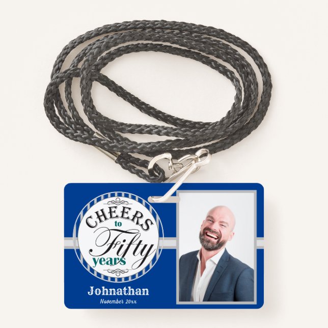 Cheers to 50 Years Party One Photo Blue ID Badge (Front with Lanyard)