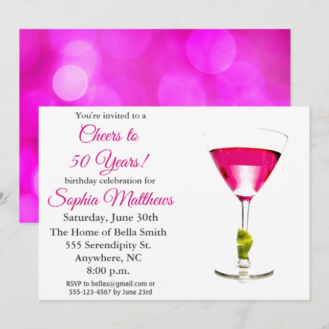 Cheers to 50 Years Pink 50th Birthday Party Invita Invitation (Front/Back)
