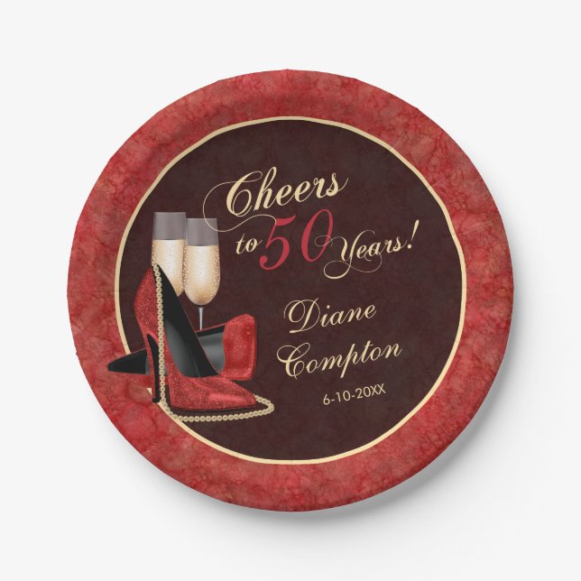 Cheers to 50 Years Red Gold Black Birthday Paper Plate (Front)