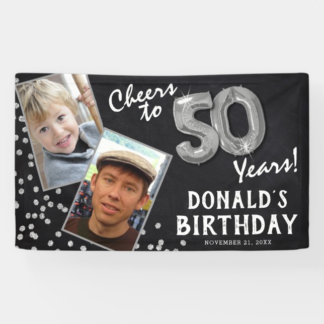 Cheers to 50 Years Silver Balloon 2 Photo Birthday Banner (Horizontal)