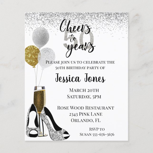 Cheers to 50 Years Silver Gold Glitter Champagne I (Front)