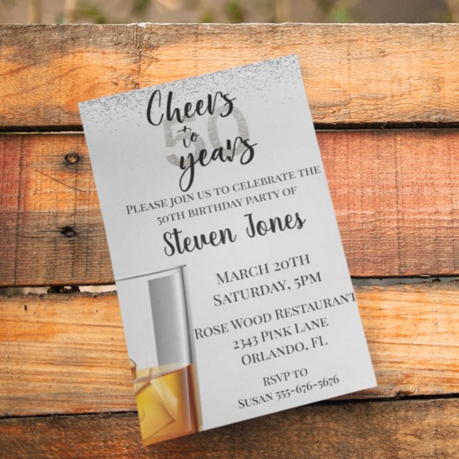 Cheers to 50 Years Silver Gold Glitter Whiskey Invitation (Creator Uploaded)