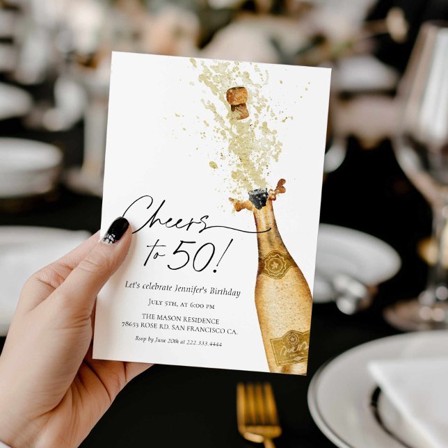 Cheers to 50th Birthday Photo Invitation (Elegant Black and Gold 50th Birthday)