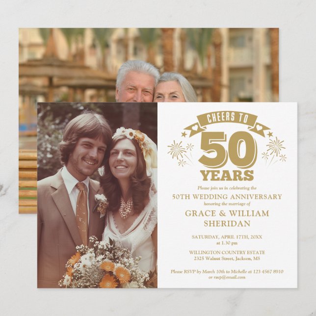 Cheers To 50th Golden Wedding Anniversary 2 Photos Invitation (Front/Back)