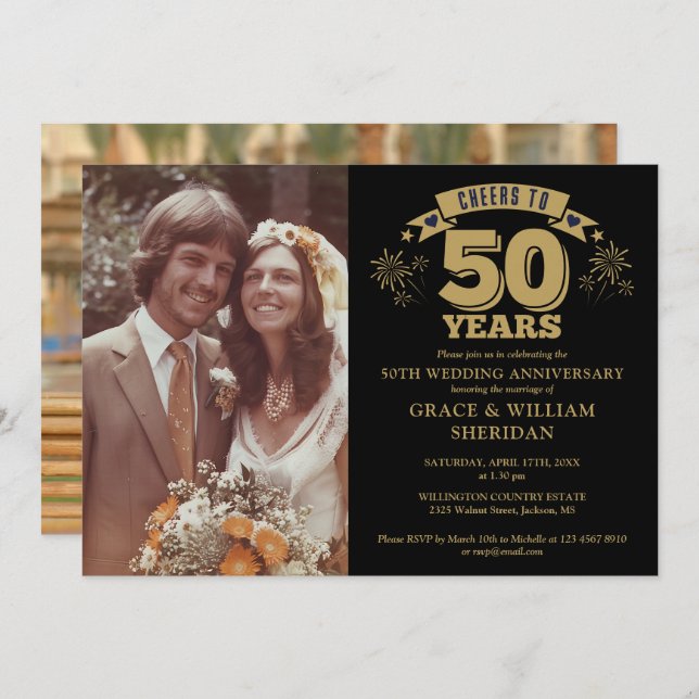 Cheers To 50th Golden Wedding Anniversary 2 Photos Invitation (Front/Back)