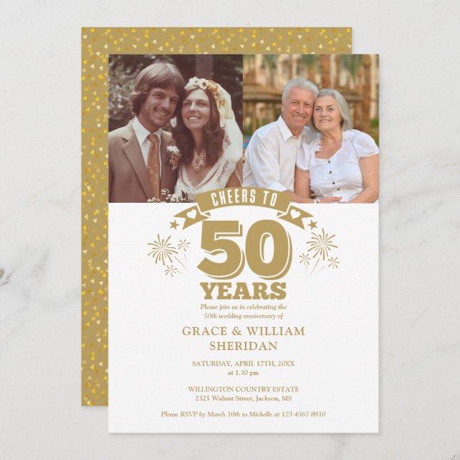 Cheers To 50th Wedding Anniversary 2 Photo Invitation (Front/Back)