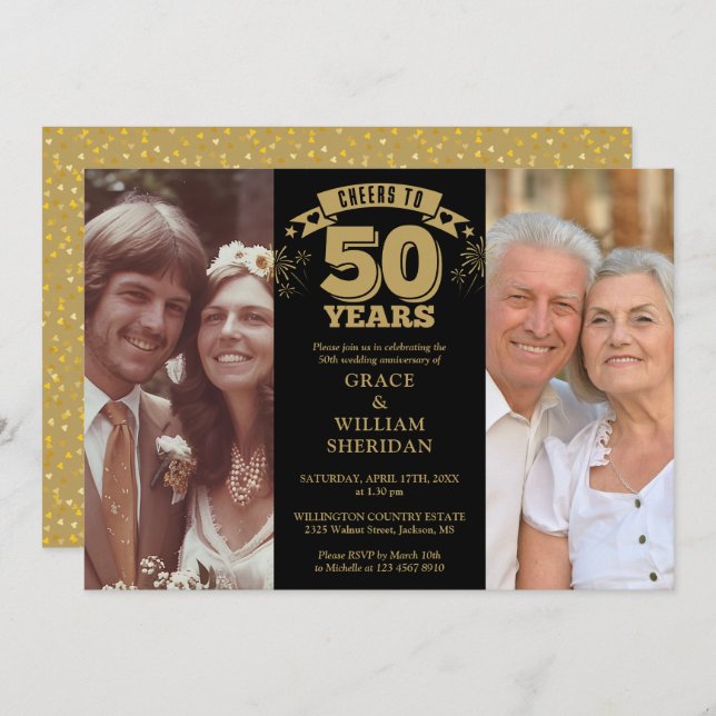 Cheers To 50th Wedding Anniversary 2 Photo Invitation (Front/Back)