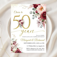 Cheers to 50th Wedding Anniversary Burgundy Gold