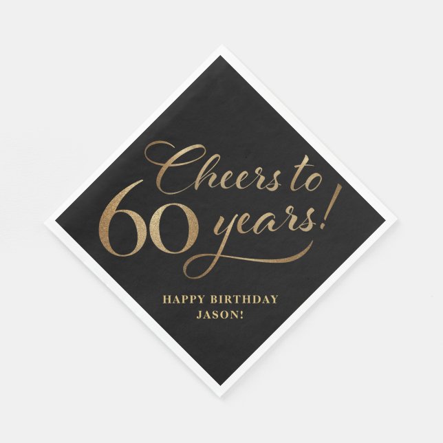 Cheers to 60 Birthday Glitter Black and Gold Napkin (Corner)