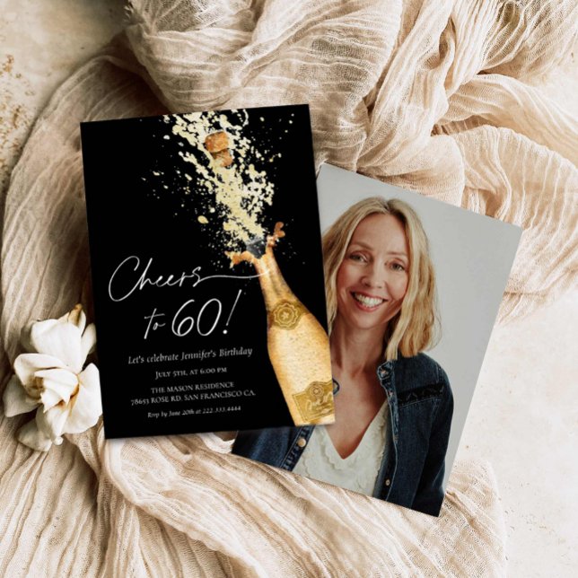 Cheers to 60 Birthday Photo Invitation (60th Birthday Party Invitation Champagne Themed)