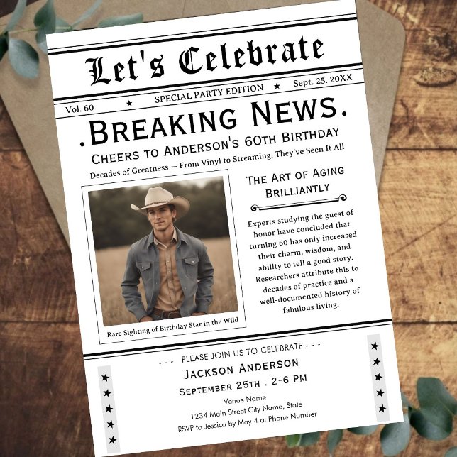 Cheers to 60! Newspaper Birthday  Invitation (Creator Uploaded)
