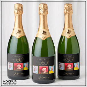 Cheers to 60 years 3 Photos Black Gold Elegant Sparkling Wine Label