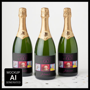 Cheers to 60 years 3 Photos Black Pink Elegant Sparkling Wine Label