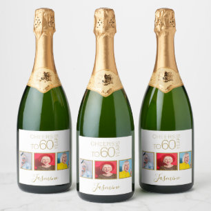 Cheers to 60 years 3 Photos Gold Elegant Frame Sparkling Wine Label