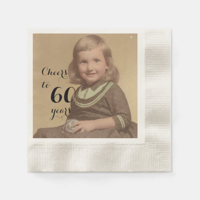 Cheers to 60 Years! Birthday Photo Black Script Napkin (Front)