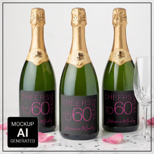 Cheers to 60 years Black Fuchsia Pink Chic Elegant Sparkling Wine Label