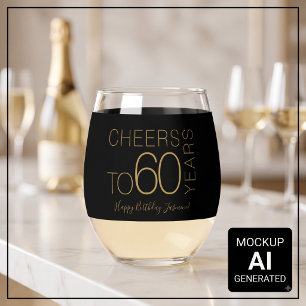Cheers to 60 years Black Gold Elegant Birthday Stemless Wine Glass