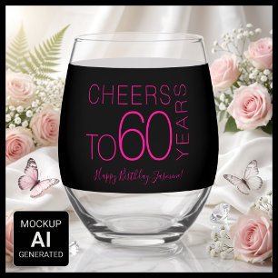Cheers to 60 years Black Pink Elegant Birthday Stemless Wine Glass