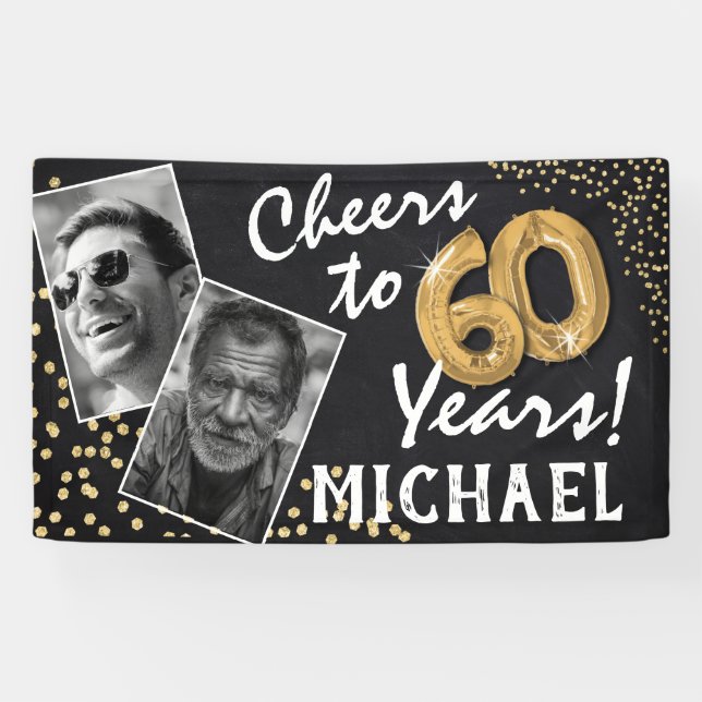 Cheers to 60 Years! Gold Balloons Photos Birthday Banner (Horizontal)
