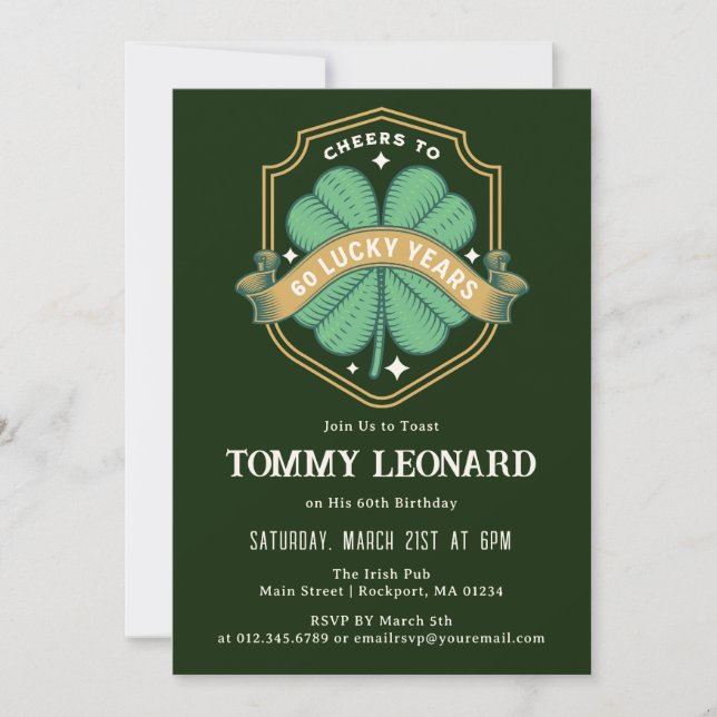 Cheers to 60 Years Lucky Shamrock Birthday Invitation (Front)
