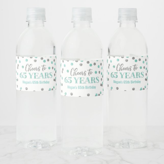 Cheers to 65 Years Aqua Silver Confetti Birthday Water Bottle Label (Bottles)