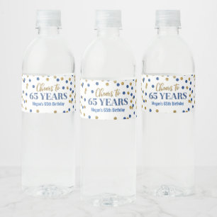 Cheers to 65 Years Blue Gold Confetti Birthday Water Bottle Label