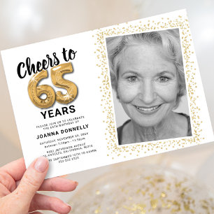 Cheers to 65 Years White Gold Photo Invitation