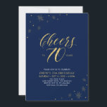 Cheers to 70 | Gold & Navy 70th Birthday Party Invitation<br><div class="desc">Let's celebrate your special day with this stylish 70th birthday party invitation. This design features chic gold typography "Cheers to 70 years" and gold elements with a navy blue background. You can customise the text and background colour. More matching party supplies are available at my shop BaraBomDesign.</div>