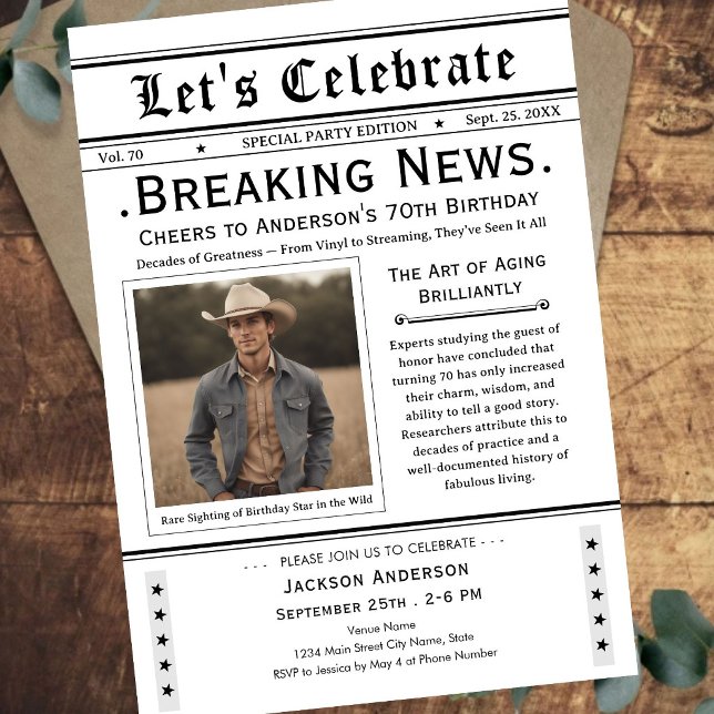 Cheers to 70! Newspaper Birthday  Invitation (Creator Uploaded)