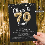 Cheers to 70 Years Balloons Confetti Invitation<br><div class="desc">Celebrate a 70th birthday with these elegant and festive party invitations featuring the title CHEERS TO 50 YEARS with faux metallic gold balloon numbers and modern script typography and confetti in your choice of background colour (shown in black). ASSISTANCE: For help with design modification or personalisation, transferring the design to...</div>
