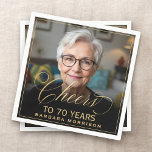 Cheers to 70 Years Birthday Photo Gold Black Napkin<br><div class="desc">Celebrate this special milestone with Cheers to 70 Years birthday napkins. Featuring your custom photo on a bold black background with elegant gold script, these personalised napkins bring a sophisticated touch to any 70th birthday party. Perfect for cocktails, cake, or appetizers, they are both functional and stylish. Pair them with...</div>