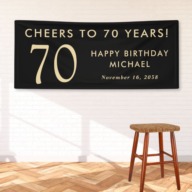 Cheers To 70 Years Black Gold 70th Birthday Party Banner (Creator Uploaded)