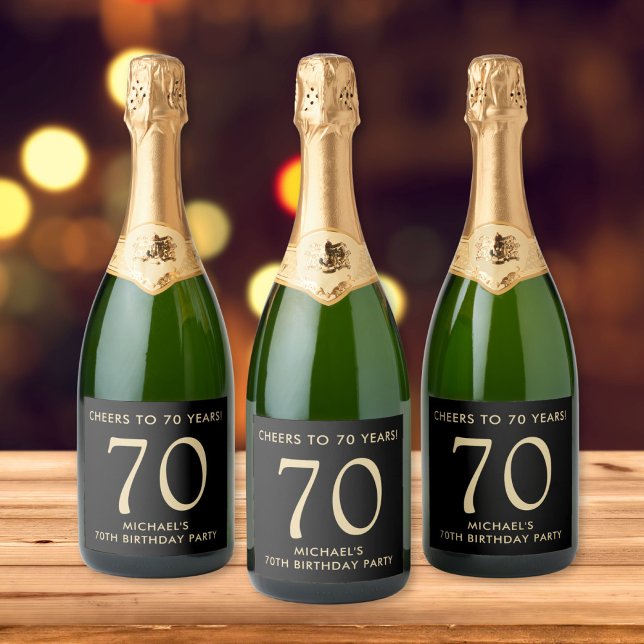 Cheers to 70 Years Black Gold 70th Birthday Party Sparkling Wine Label (Creator Uploaded)