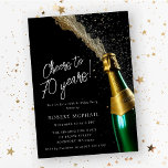 Cheers to 70 Years Champagne Bottle Birthday Invitation<br><div class="desc">Perfect 70th birthday invitation for a man or woman. An open champagne bottle with escaping bubbles creates a festive design. Cheers to 70 years is written in a modern and trendy script. The birthday details follow below. The white text pops against the black background. All of the text can be...</div>