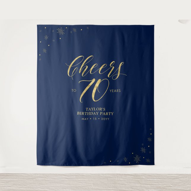 Cheers to 70 years | Gold & Blue Birthday Party Tapestry (Front)
