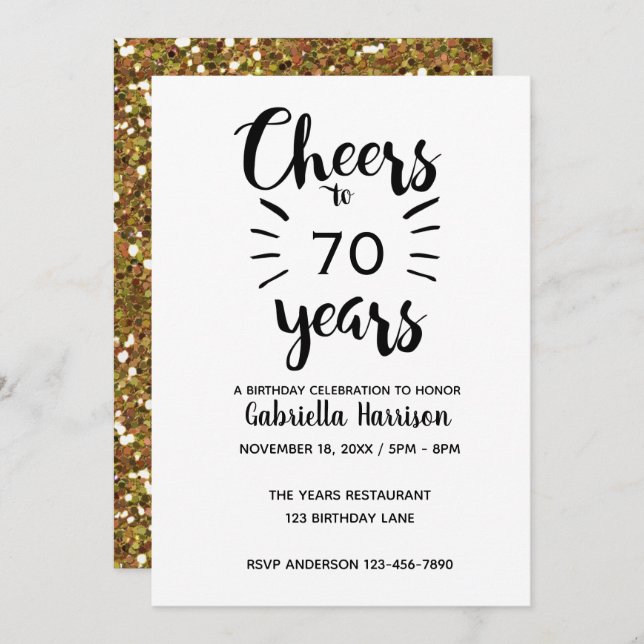 Cheers to 70 Years - Gold Glitter 70th Birthday Invitation (Front/Back)