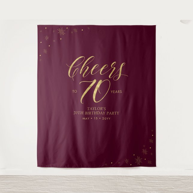 Cheers to 70 years | Gold & Red Birthday Party Tapestry (Front)