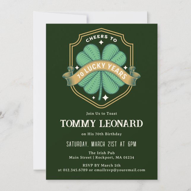 Cheers to 70 Years Lucky Shamrock Birthday Invitation (Front)