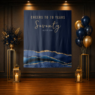 Cheers To 70 Years Navy Gold Agate Backdrop Tapestry