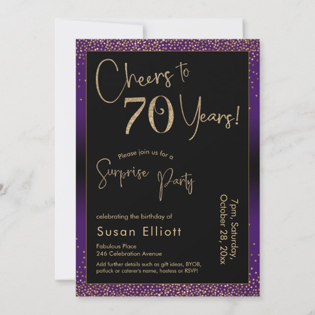 Cheers to 70 Years Surprise Birthday Party, Purple Invitation (Front)