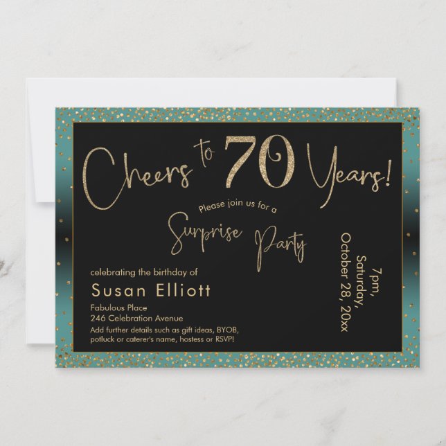 Cheers to 70 Years Surprise Birthday Teal and Gold Invitation (Front)