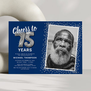 Cheers to 75 Years Navy Silver Photo Invitation