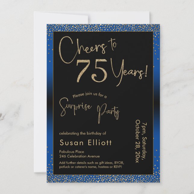 Cheers to 75 Years Surprise Birthday Party Blue Invitation (Front)