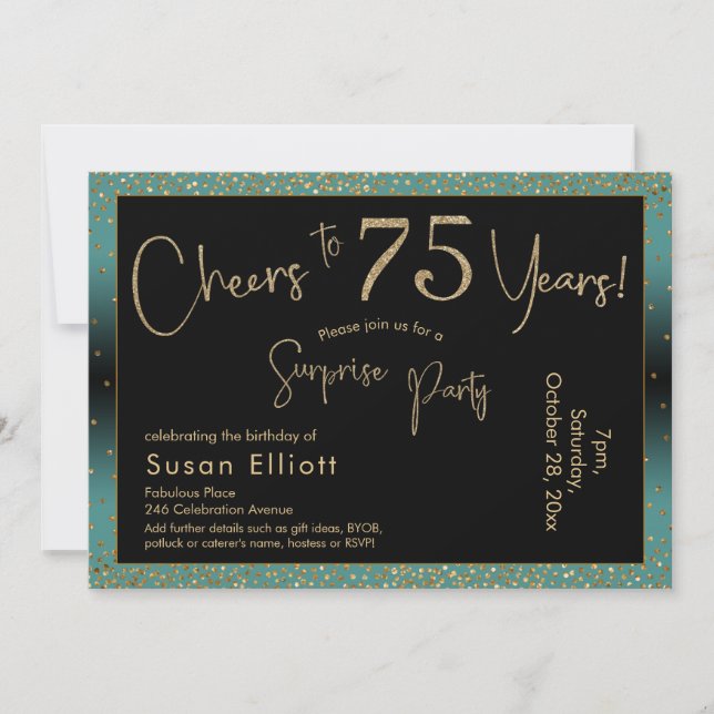 Cheers to 75 Years Surprise Birthday Teal and Gold Invitation (Front)