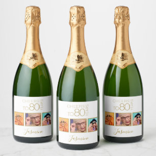 Cheers to 80 years 3 Photos Gold Elegant Frame Sparkling Wine Label
