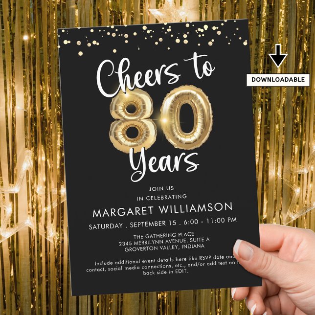 Cheers to 80 Years Balloons Confetti Invitation (Creator Uploaded)