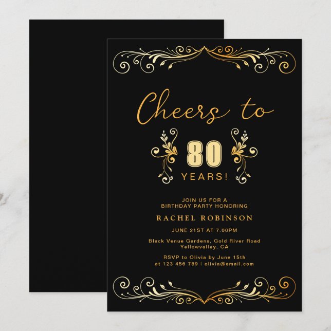 Cheers to 80 Years Birthday Party Black & Gold Invitation (Front/Back)